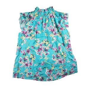 NWT Kut from the Kloth Women's Sz L Teal Floral High Neck Sleeveless Blouse‎